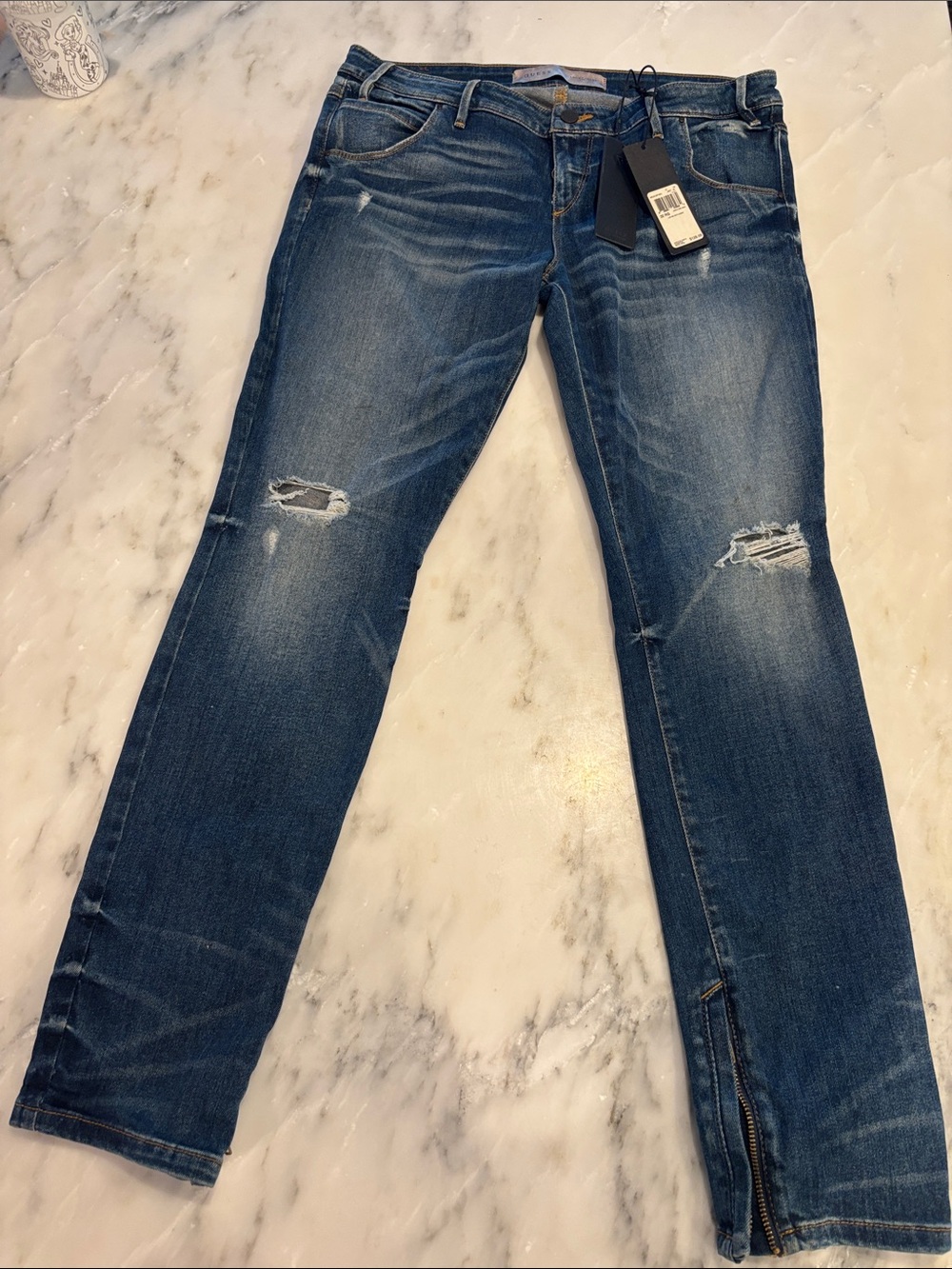 Guess Dark Blue Skinny Jeans with Knee Rips and Ankle Zipper